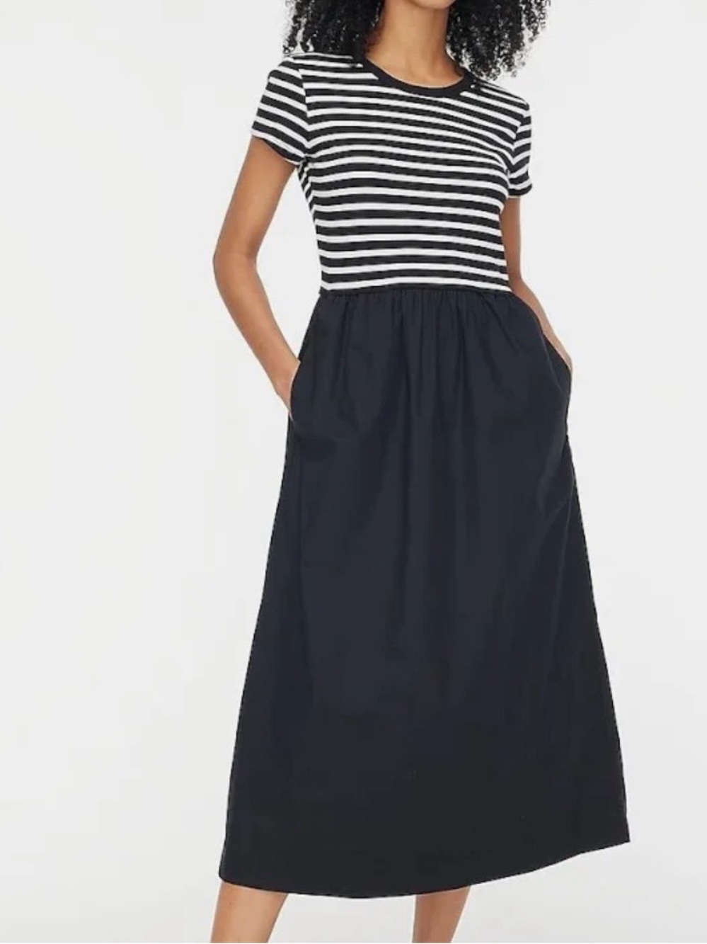J Crew Women’s Striped Navy Blue & White Midi Dress with Pockets
